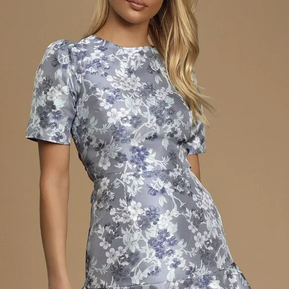 NWT Lulus Royal To Be Light Blue Floral Jacquard Ruffled Skater Dress - Picture 3 of 9